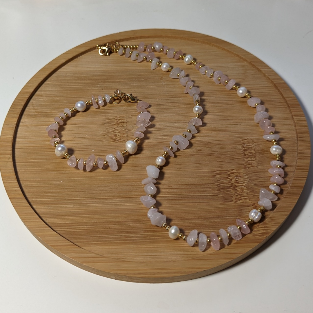 Biwa Necklace Bracelet Set in Rose Quartz