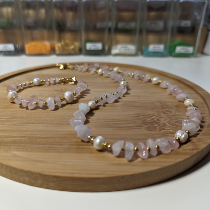 Biwa Necklace Bracelet Set in Rose Quartz