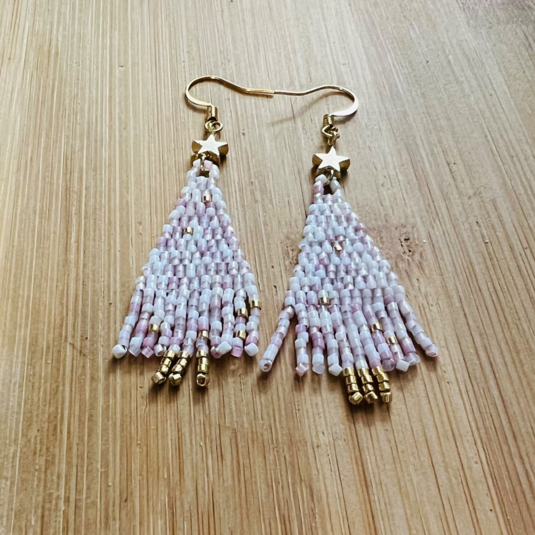 Abstract Holiday Tree Beaded Earrings in Pink