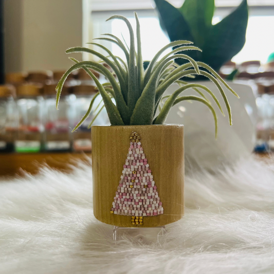 Pink Beaded Holiday Tree Wooden Air Plant Holder